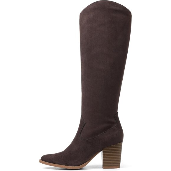 Womens Suede Chocolate Side Zipper Knee High Pointed Toe Chunky Heel Tall Boots - Picture 1 of 6